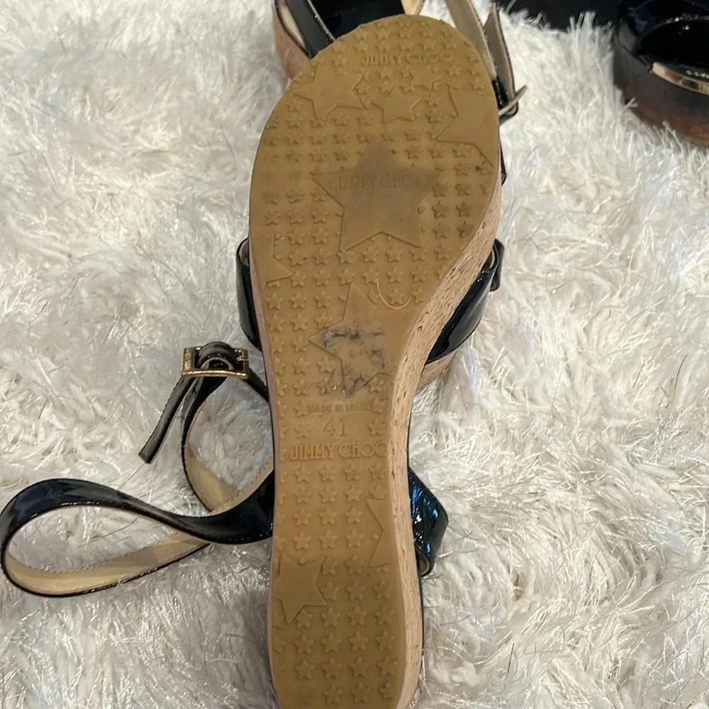 Jimmy Choo Black Patent Leather Cork Wedge Platform Ankle Strap Sandal - Picture 4 of 10